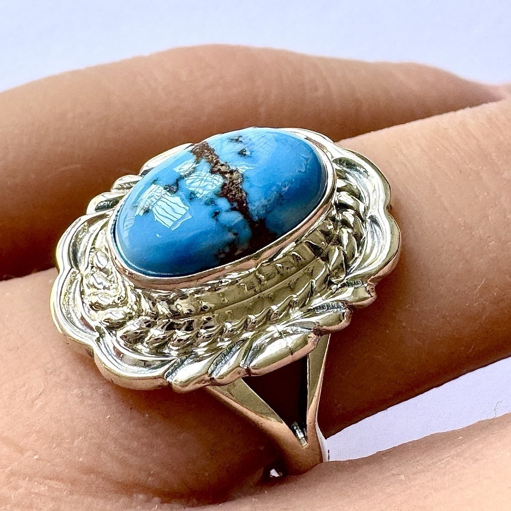 Navajo Blue Golden Hills Turquoise Ring Sz 7 Signed V Chee Sterling Native - Picture 4 of 8